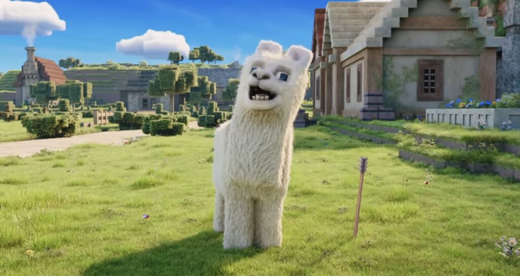 マイクラ映画でピグリンの放った矢に驚くラマ