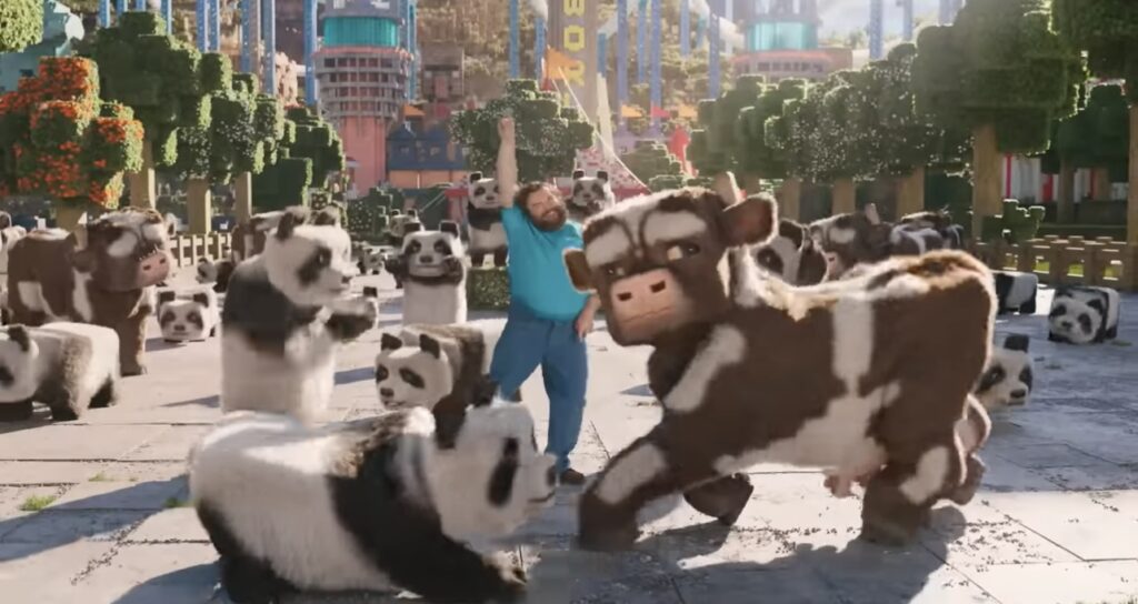映画マイクラ　軽快なダンスを魅せる牛、パンダ、スティーブ